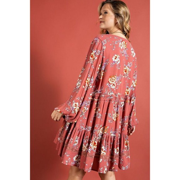 Easel Antique Rose Floral Printed V Neck Ruffled Bottom Rayon Gauze Mini Dress - Picture 4 of 5